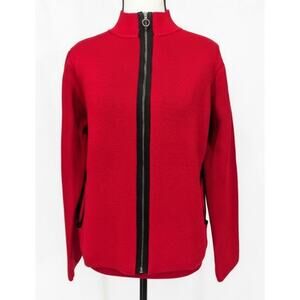 Margaret OLeary Red Wool Zip Cardigan Jacket Heavy Knit Black Trim Size M USA